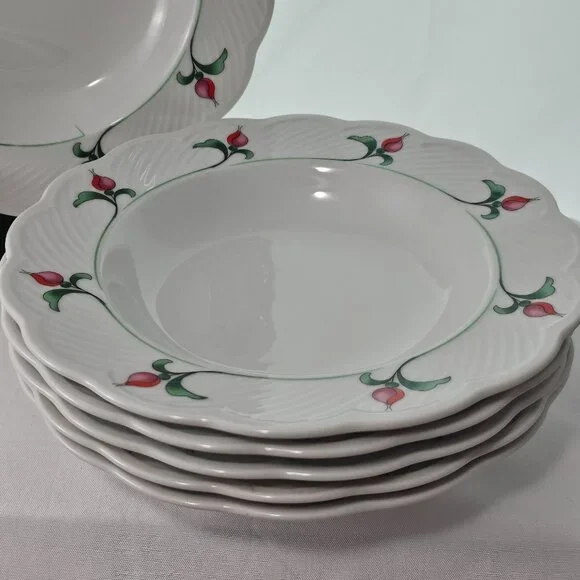 Dansk Rosebud Soup Bowls 9" scallop textured large rim floral romantic set/6